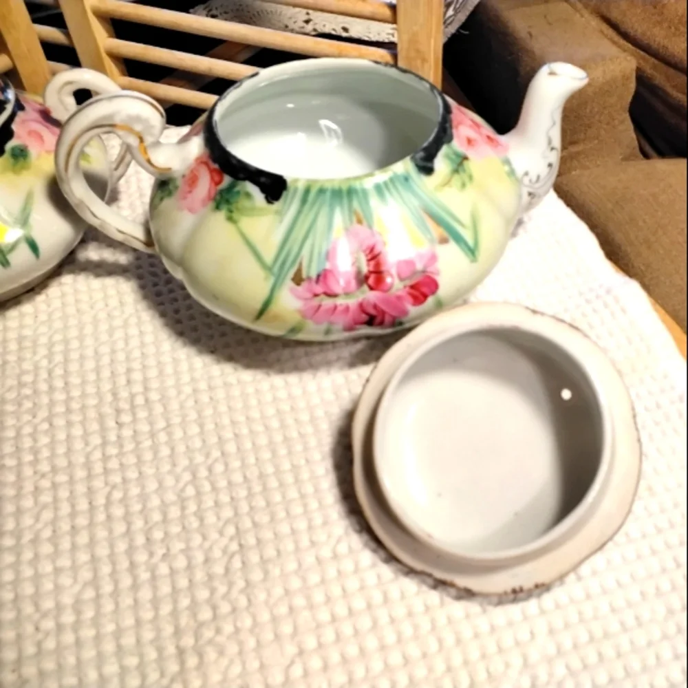 Antique Teapot/Cream & Sugar Dish Unmarked Early Twentieth Century Floral